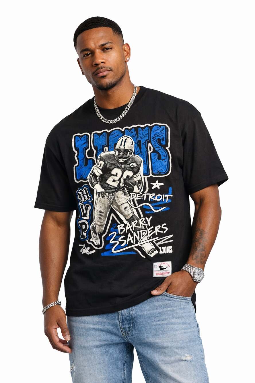 Men's Detroit Lions Barry Sanders Mitchell & Ness Black Chalked Up Player Graphi